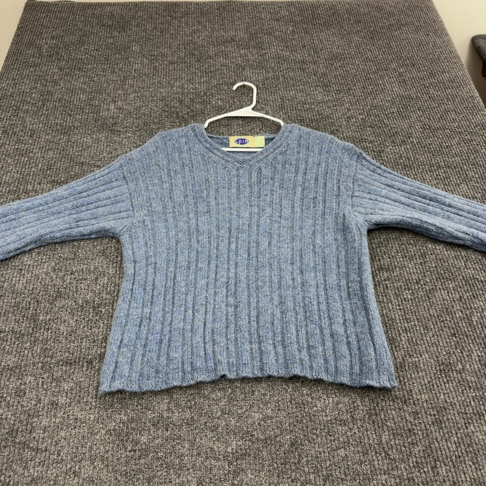 Vintage Spin Sweater Womens L Blue Wool Ribbed V-Neck Casual Retro